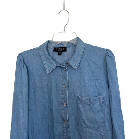Laundry By Shelli Segal Blue Poet Sleeve Button Down Denim Shirt - Picture 3 of 10